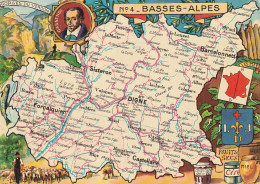 ZY 16-(04) DEPARTEMENT DES BASSES ALPES (N°4) - CONTOURS DU DEPARTEMENT , VILLES ET SPECIALITES - ILLUSTRATION - 2 SCANS - Altri & Non Classificati