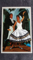 CARTE  BRODEE FOKLORE FOLKLORIQUE ESPAGNE ESPAGNOLE COUPLE DANSE FLAMENCO EVENTAIL NOIR ET BLANC - Embroidered