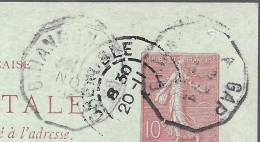 Rareté. Cachet Convoyeur Décagonal Briançon à Gap, Novembre 1904. Entier Postal Semeuse Lignée 10 Centimes Rouge (13679) - Posta Ferroviaria