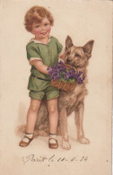 ZY 57- ENFANT AVEC SON CHIEN ET PANIERE DE FLEURS , VIOLETTES - ILLUSTRATEUR - 2 SCANS - 1900-1949