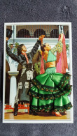 CARTE  BRODEE FOKLORE FOLKLORIQUE ESPAGNE ESPAGNOLE COUPLE DANSE FLAMENCO ROBE VERTE PATIO PRAT - Ricamate