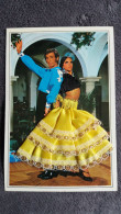 CARTE  BRODEE FOKLORE FOLKLORIQUE ESPAGNE ESPAGNOLE COUPLE DANSE FLAMENCO ROBE JAUNE  VENTRE NU ED EX - Ricamate