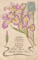 ZY 66- " BONNE ANNEE " - CARTE FANTAISIE  GAUFREE - DECOR FLORAL STYLE ART NOUVEAU - DORURE - 2 SCANS - New Year