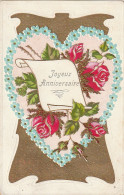 ZY 66- " JOYEUX ANNIVERSAIRE " - CARTE FANTAISIE  GAUFREE - COEUR DE FLEURS AVEC ROSES - DORURE - 2 SCANS - Compleanni