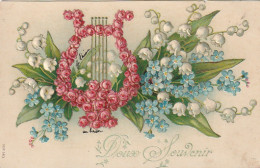 ZY 66- " DOUX SOUVENIR " - CARTE FANTAISIE GAUFREE - LYRE FLEURIE - MUGUET ET MYOSOTIS - 2 SCANS - Other & Unclassified