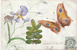 ZY 66- CARTE PEINTE , PAPILLON ET FLEURS - AJOUT CHROMO FOUGERE ET FLEUR EN NACRE - 2 SCANS - Autres & Non Classés