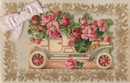 ZY 66- CARTE CELLULOID AVEC CHROMO VOITURE FLEURIE DE ROSES - NOEUD TISSU - 2 SCANS - Sonstige & Ohne Zuordnung