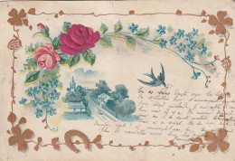 ZY 67- CARTE FANTAISIE GAUFREE - PAYSAGE AVEC DECOR FLORAL ET HIRONDELLE - FRISE AVEC TREFLE , FER A CHEVAL - Other & Unclassified