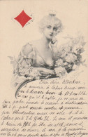 ZY 68- DAME DE CARREAU - CARTE A JOUER - PORTRAIT DE FEMME AVEC BRASSEE DE ROSES - ILLUSTRATEUR - VIENNOISE - 2 SCANS - 1900-1949