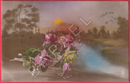 Bouquet De Roses Sur Une Brouette - Rivière Et Couché De Soleil (Circulé En 1915) - Autres & Non Classés