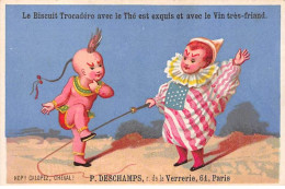 Chromos.AM14874.6x9 Cm Environ.Biscuit Trocadéro.P Deschamps.2 Enfant En Clown Et Indien.Hop Galopez ! Cheval ! - Altri & Non Classificati