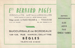 ZY 80- Ets BERNARD PAGES , PRODUITS METALLIQUES , TOULOUSE -  REPRES. A. JOUSSAIN , BORDEAUX - AVIS DE PASSAGE  - 1950 - ...