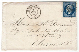 YT N°14 A Empire 20c Bleu Nuance Foncée Sur LAC De St Pourçain à Clermont 5 -7 -1856 - 1853-1860 Napoléon III