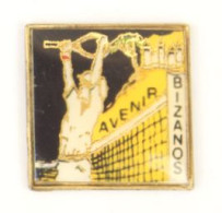 Pin's Bizanos (64) - AVENIR BIZANOS - Joueur De Tennis Triomphant - Filet - Château - D.C.F - N226 - Tennis