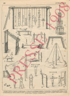 2 Vues Planche 1908 Gymnastique Sport Vintage Salle De Gymnastes Poids Et Haltères Echasses Barres Parallèles Barre Fixe - Andere & Zonder Classificatie