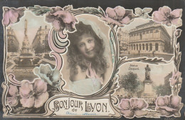 ZY 101-(69) BONJOUR DE LYON - CARTE FANTAISIE COLORISEE MULTIVUES - DECOR FLORAL STYLE ART NOUVEAU - 2 SCANS - Otros & Sin Clasificación