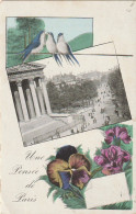 ZY 111-(75) UNE PENSEE DE PARIS - CARTE FANTAISIE  AVEC HIRONDELLES ET PENSEES - 2 SCANS - Otros Monumentos