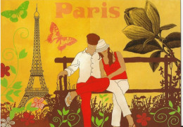 CPM PARIS Tour Eiffel , Flânerie Romantique Avec Amoureux Sur Un Banc Public, Fleurs Et Papillons - Contemporary (from 1950)