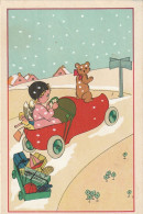 ZY 126- SOUS LA NEIGE - CHERUBIN , ANGELOT CONDUISANT UNE VOITURE SABOT REMPLIE DE JOUETS - ILLUSTRATEUR - 2 SCANS - Scènes & Paysages