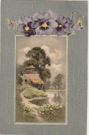 ZY 137- FLEURS PENSEES  ET PAYSAGE , ETANG - CARTE FANTAISIE GAUFREE -  2 SCANS - Autres & Non Classés