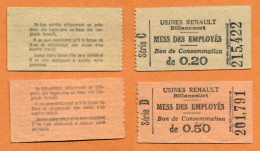 1914-1918 // BOULOGNE-BILLANCOURT (Hauts De Seine 92) // USINES RENAULT // MESS DES EMPLOYES // Bon De 20 & 50 Centimes - Bonds & Basic Needs