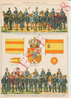 2 Vues Planche 1908 Armée Espagnole Costumes Soldats Espagne Cavalerie Artillerie Génie Militaire Drapeau - Other & Unclassified