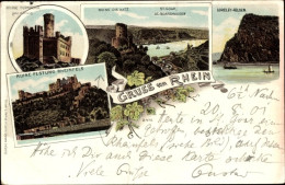 Lithographie St. Goar Am Rhein, Ruine Turnberg, Festung Rheinfels, Loreley Felsen, Burg Katz, Goarshausen - Sonstige & Ohne Zuordnung