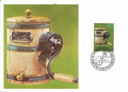 LIECHTENSTEIN. MAXICARD FIRST DAY. ALPINE DAIRY FARMING IMPLEMENTS. BUTTER CHURN. 1980 - Cartas Máxima