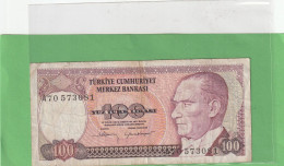 TURKIYE CUMHURIYET MERKEZ BANKASI . 100 LIRA . 14 OCAK 1970  . N°  A70 573081 .  2 SCANNES  .  BILLET USITE - Turkije