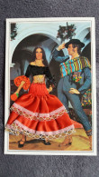 CARTE  BRODEE FOKLORE FOLKLORIQUE ESPAGNE ESPAGNOLE DANSE FLAMENCO COUPLE ROBE ROUGE  PONCHO - Ricamate