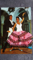 CARTE  BRODEE FOKLORE FOLKLORIQUE ESPAGNE ESPAGNOLE DANSE FLAMENCO COUPLE PATIO EVENTAIL BRONZEE - Ricamate