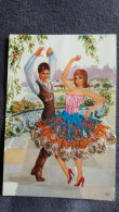 CARTE  BRODEE FOKLORE FOLKLORIQUE ESPAGNE ESPAGNOLE COUPLE DANSE FLAMENCO DECOR FLEURI  PRAT 53 - Bestickt