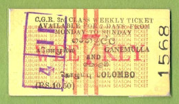 CEYLON / SRI LANKA , GANEMULLA - COLOMBO , TICKET DE FERROCARRIL , TREN , TRAIN , RAILWAYS - Monde