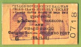 CEYLON / SRI LANKA , NUGEGODA - COLOMBO FORT , TICKET DE FERROCARRIL , TREN , TRAIN , RAILWAYS - Welt