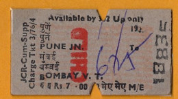 INDIA , PUNE - BOMBAY , TICKET DE FERROCARRIL , TREN , TRAIN , RAILWAYS - Monde