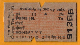 INDIA , PUNE - BOMBAY , TICKET DE FERROCARRIL , TREN , TRAIN , RAILWAYS - Wereld