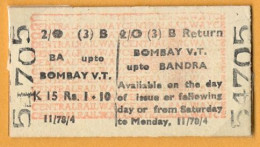 INDIA ,  BOMBAY - BANDRA , TICKET DE FERROCARRIL , TREN , TRAIN , RAILWAYS - Mondo