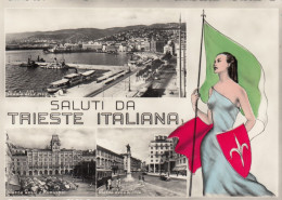 TRIESTE ITALIANA-SALUTI DA..DONNA CON DRAPPO TRICOLORE-MULTIVEDUTE- CARTOLINA VERA FOTOGRAFIA NON VIAGG. 1954 - Trieste