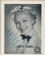 Autographe (20x26,5cm) De Lisette Jambel, Chanteuse - Très Bon état - Autres & Non Classés