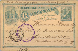 1895 GUATEMALA , COBÁN - MONTEVIDEO , ENTERO POSTAL CIRCULADO VIA NEW ORLEANS Y LIVINGSTON , TRÁNSITOS - Guatemala