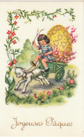 AA+35- " JOYEUSES PAQUES " - CARTE FANTAISIE ILLUSTRATEUR - FILLETTE SUR CARRIOLE AVEC AGNEAU ET OEUF GEANT - Easter