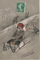 AA+ 35- " BONNE ANNEE " - ENFANT DEVALANT UNE PENTE ENNEIGEE SUR LUGE - ILLUSTRATEUR - New Year