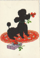 AA+ 50- CARTE FANTAISIE CHIEN CANICHE TISSU FEUTRINE AVEC ROSES - ILLUSTRATEUR - Hunde