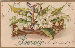 AA+ 68- " SOUVENIR " - PANIERE DE MUGUET , DORURE - CARTE GAUFREE - CORRESPONDANCE  PARIS  1907 - Flowers