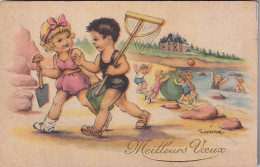 AA+ 126- " MEILLEURS VOEUX " - COUPLE D'ENFANTS A LA PLAGE AVEC EPUISETTE , SEAU ET PELLE - ILLUSTRATEUR GOUGEON - Gougeon