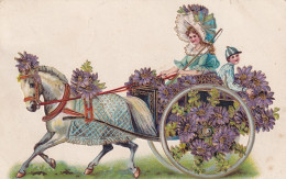 AA+ 126- CARTE FANTAISIE GAUFREE - CARRIOLE A CHEVAL AVEC VIOLETTES - Other & Unclassified