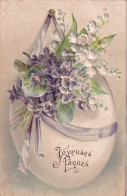 AA+ 129- " JOYEUSES PAQUES " - OEUF AVEC FLEURS VIOLETTES ET MUGUET - CARTE GAUFREE - Ostern