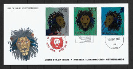 VERY VERY RARE 2023 Joint Austria-Luxembourg-Netherlands, MIXED FDC WITH ALL 3 CRYPTO STAMPS: Lions - Gemeinschaftsausgaben