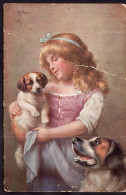 Postcard - Painting - Carl Reichert - Little Girl With Dogs - Kinder-Zeichnungen