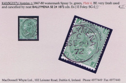 Ireland Antrim 1872 Queen Victoria 1s Green Plate 6 With Clear BALLYMENA SE 24 72 Cds - Altri & Non Classificati